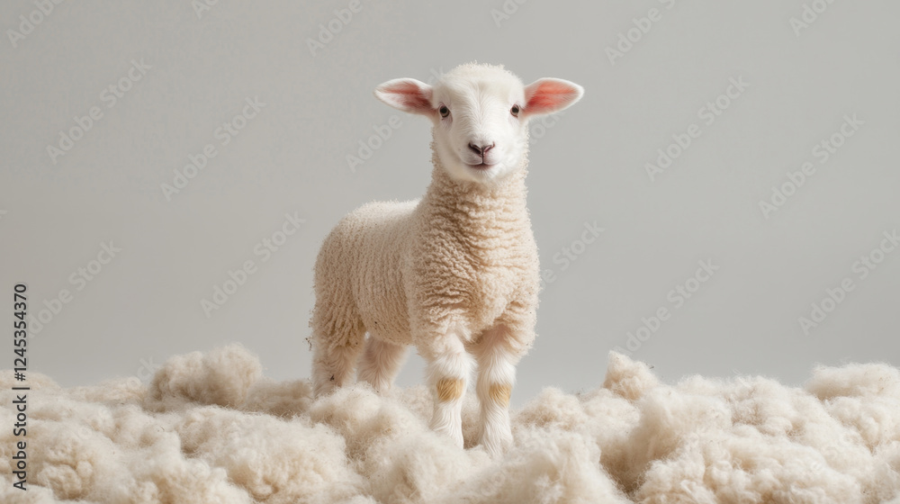 Fototapeta premium fluffy lamb stands on soft wool, ears perked in relaxed pose