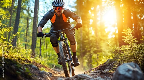 Dynamic Mountain Biker Riding Through Sunny Forest Trail with Protective Gear and Helmet