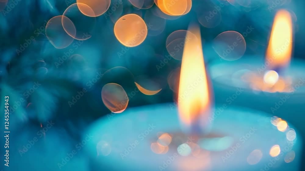 Close-up of flickering candles in deep blue tones, evoking a somber, reflective mood, symbolizing remembrance, loss, and Memorial Day tribute.