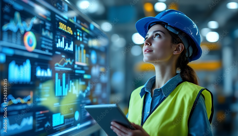 Engineer Reviewing Industrial Data Analytics on Tablet and Screen Engineer Reviewing Industrial Data Analytics on Tablet and Screen