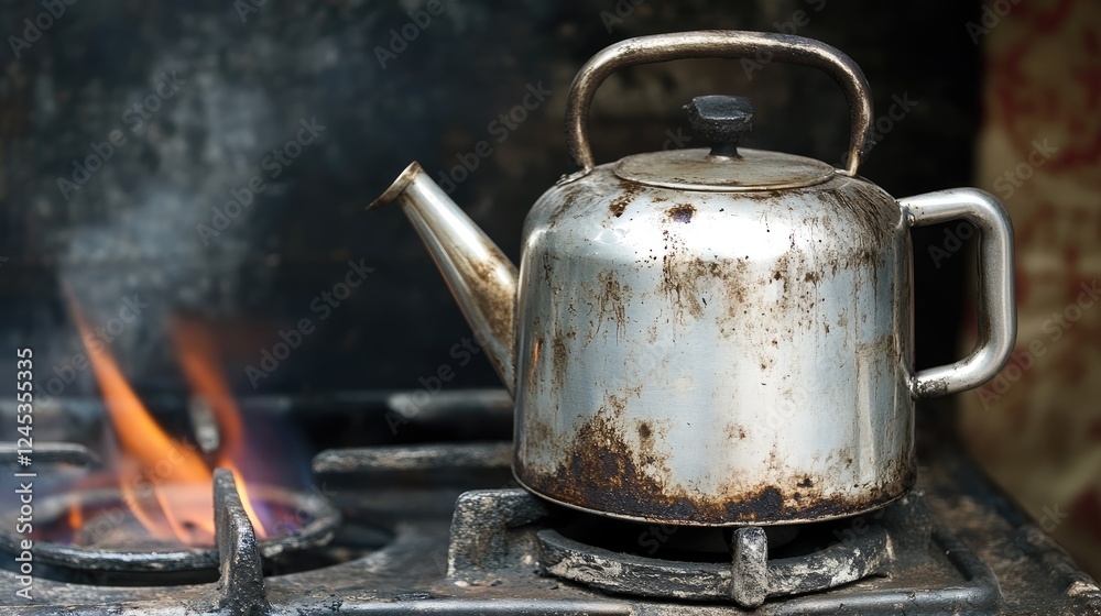 A grease-stained stainless steel kettle sitting next to a stove. A grease-stained stainless steel kettle sitting next to a stove.