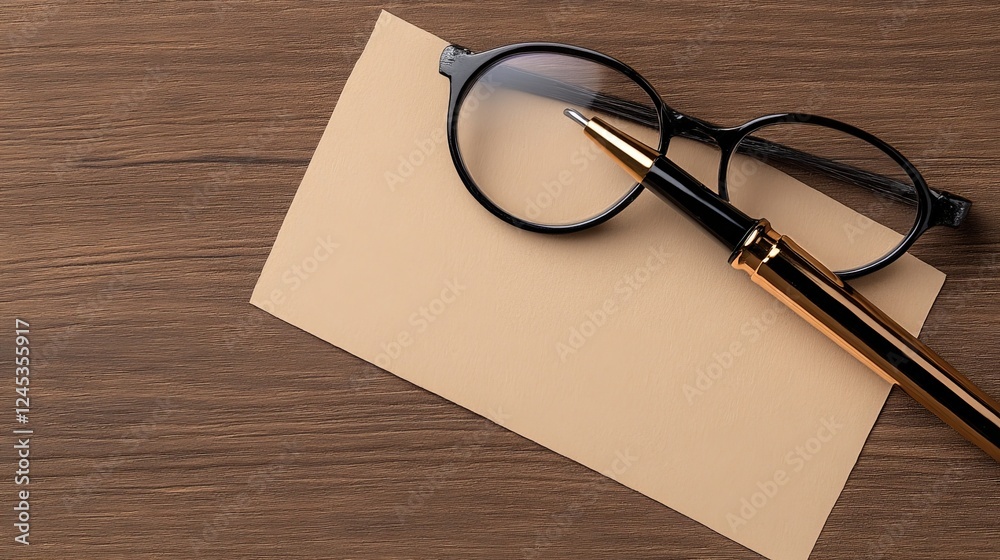 Stationery Serenity: Glasses and a Pen Perched on a Card, Invitating creative pursuits and scholarly pursuits on the wooden table. Stationery Serenity: Glasses and a Pen Perched on a Card, Invitating creative pursuits and scholarly pursuits on the wooden table.