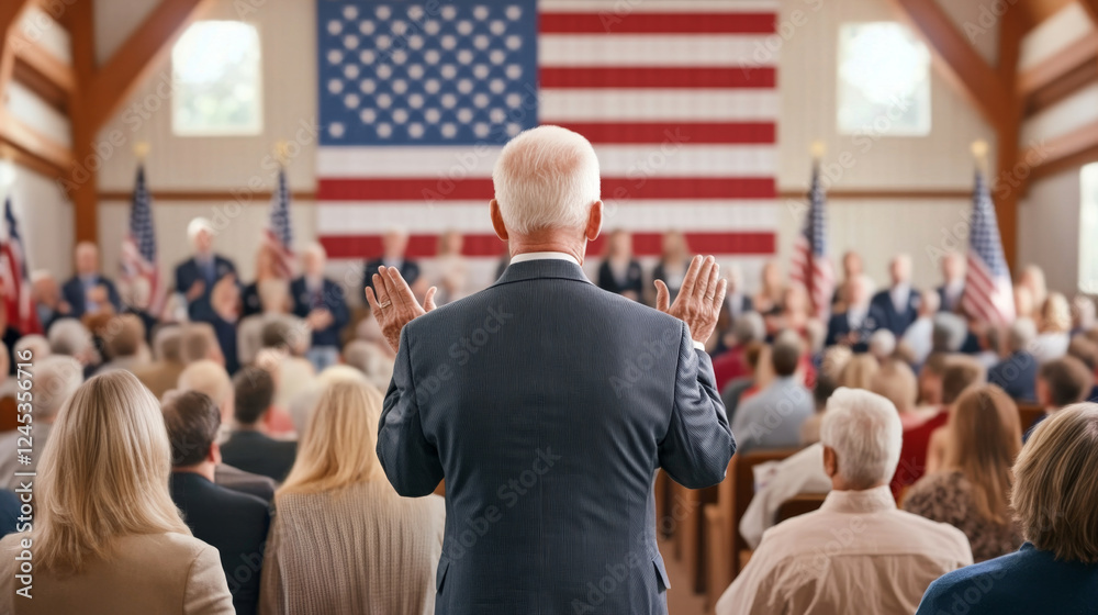 senior man in suit addresses large audience in hall with American flags senior man in suit addresses large audience in hall with American flags