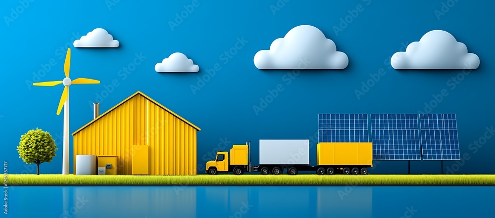 Sustainable Living: Yellow House with Wind Turbine, Solar Panels, and Delivery Truck