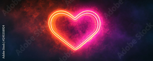 Vibrant neon heart symbol glowing in a dark atmosphere, representing love and passion.
