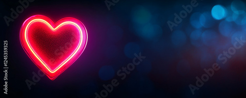 Vibrant neon heart symbol radiating love and positivity against a dark background.