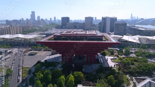 4k aerial video of China Art Museum at Shanghai World Expo showcasing stunning architecture and urban landscape photo