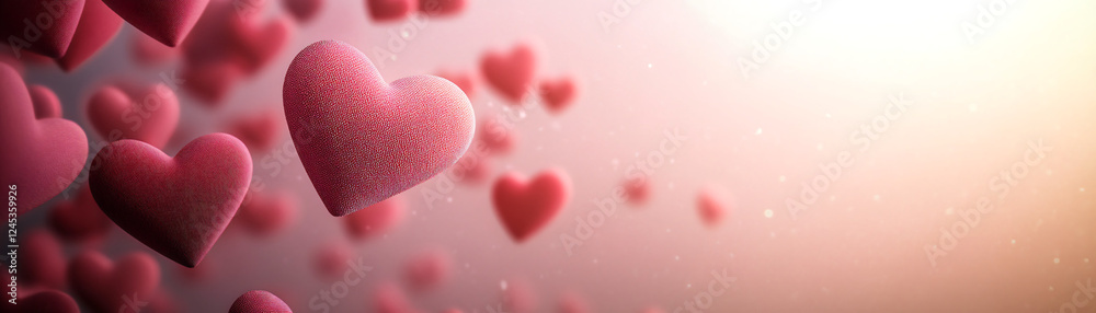 Obraz premium Vibrant red hearts floating in a soft, dreamy background, symbolizing love and affection.