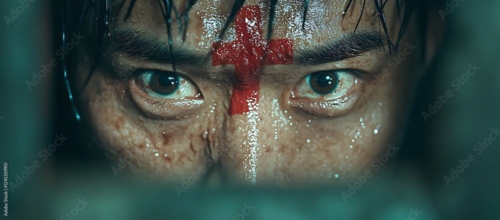 Close-up of a Sweaty, Intense Male Face with a Red Cross Mark Close-up of a Sweaty, Intense Male Face with a Red Cross Mark