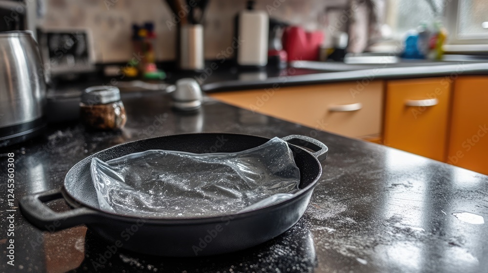 A kitchen counter with a sealed ziplock bag containing a dirty pot stand. A kitchen counter with a sealed ziplock bag containing a dirty pot stand.