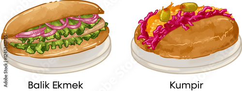 Turkish Food Vector Illustration Kumpir Balik Ekmek