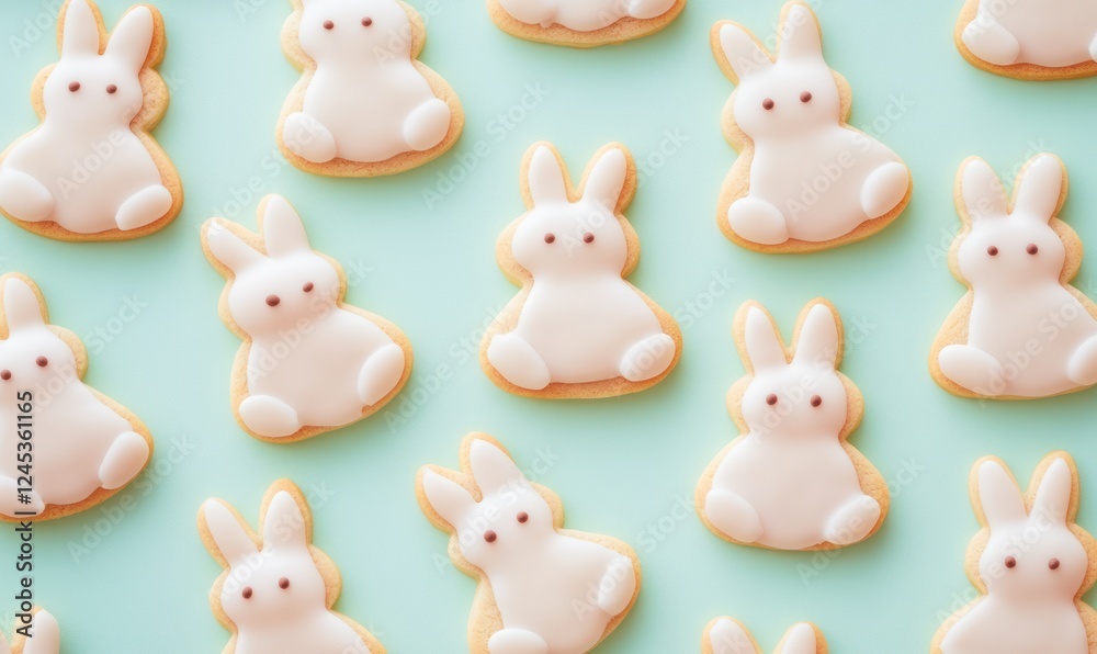 Obraz premium Funny Easter bunny-shaped cookies or biscuits, cute festive sweet snacks for kids, pattern-like knolling arranged, AI generated photo