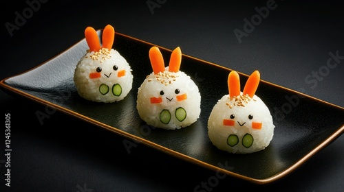 Easter rice balls decorated with vegetable pieces, adorable bunny-shaped festive thematic snacks in Japanese sushi style, international fusion cuisine, AI generated photo