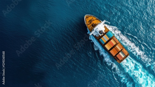 High angle Aerial View of a Large Container Cargo Ship Transporting Freight and Commercial Goods through Choppy Seawater and Ocean Waves