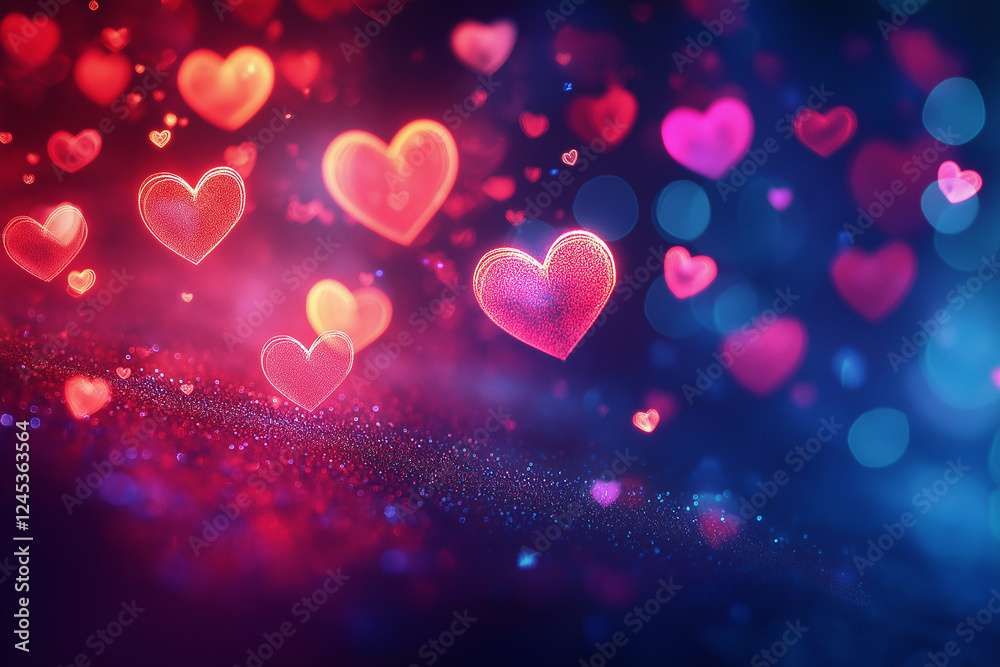 A neon-glowing background with hearts for Valentine's Day, featuring glowing and neon colors, creates an atmosphere of love and romance. Abstract digital arts. A neon-glowing background with hearts for Valentine's Day, featuring glowing and neon colors, creates an atmosphere of love and romance. Abstract digital arts.