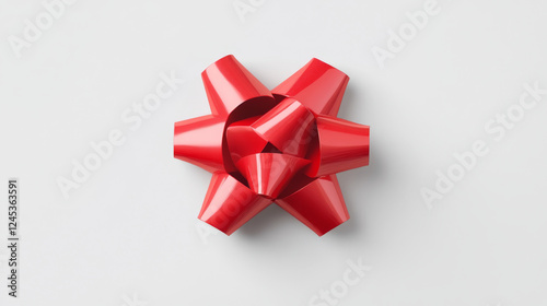 glossy red gift bow with perfectly tied ribbon ends on white background