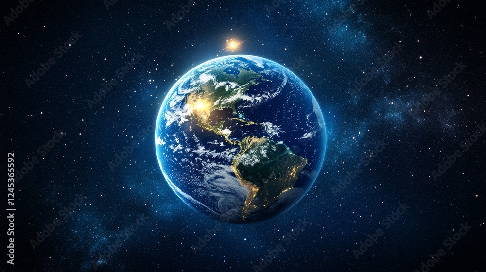 Planet earth in space with visible continents and glowing cities Planet earth in space with visible continents and glowing cities