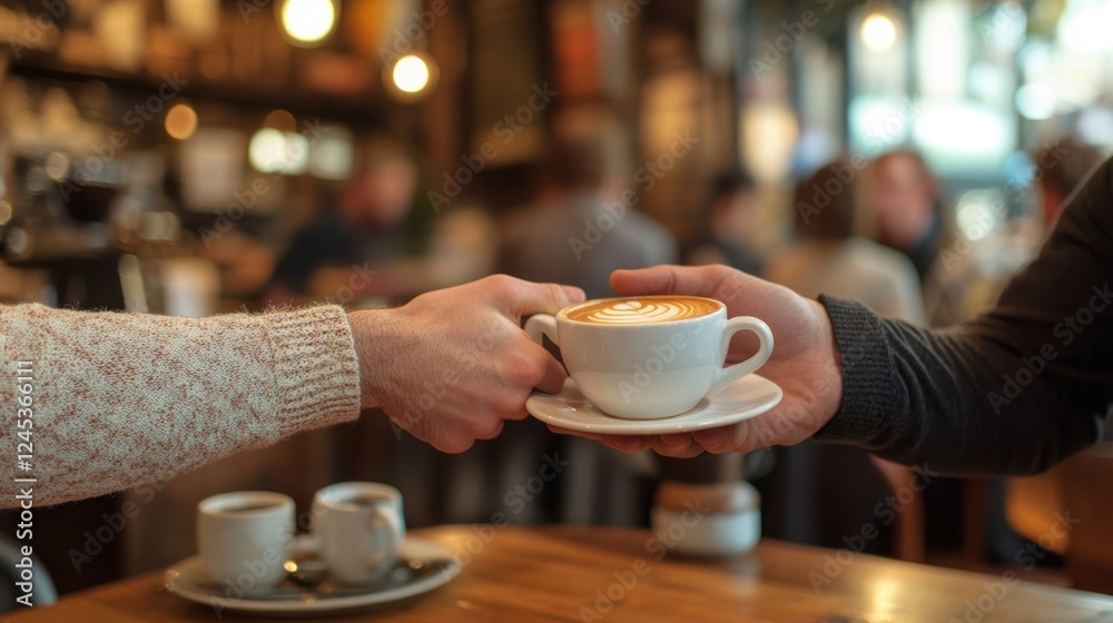A barista handing a customer a cup of latte art in a cozy cafe A barista handing a customer a cup of latte art in a cozy cafe