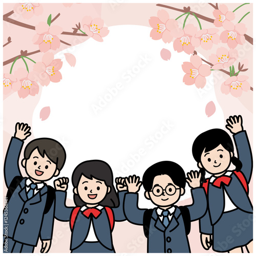 桜と小学生の子どもたちのベクターイラスト