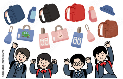 小学生の子どもたちと通学準備のベクターイラスト