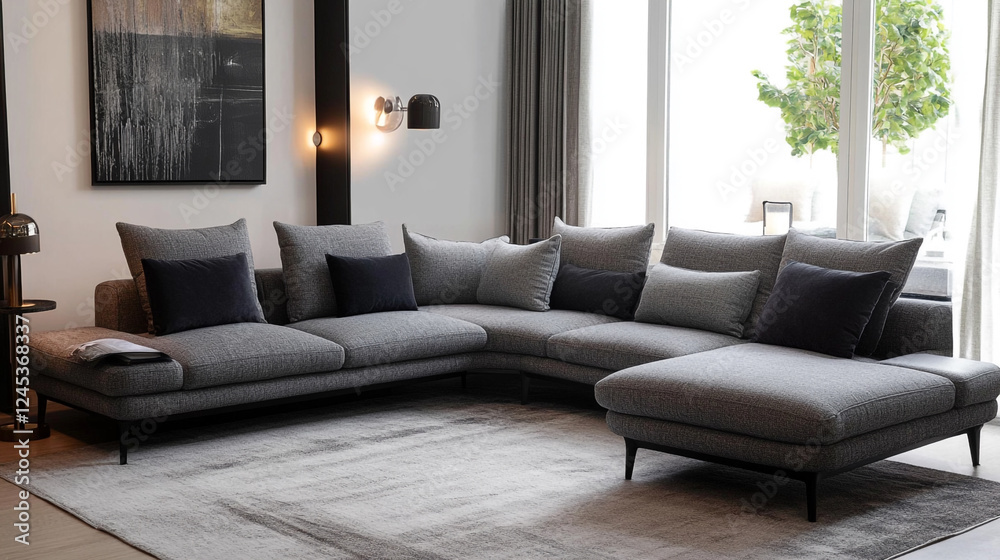 Modern sectional sofa with orange pillows in a contemporary living room. A large sectional sofa with a black and white abstract painting on the wall Modern sectional sofa with orange pillows in a contemporary living room. A large sectional sofa with a black and white abstract painting on the wall