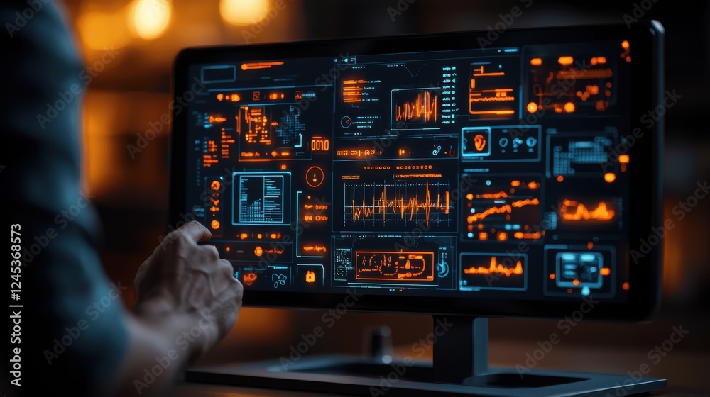 Futuristic holographic smart interface displaying advanced data analytics and health monitoring metrics in a sleek modern bathroom environment  Represents the convergence of technology design