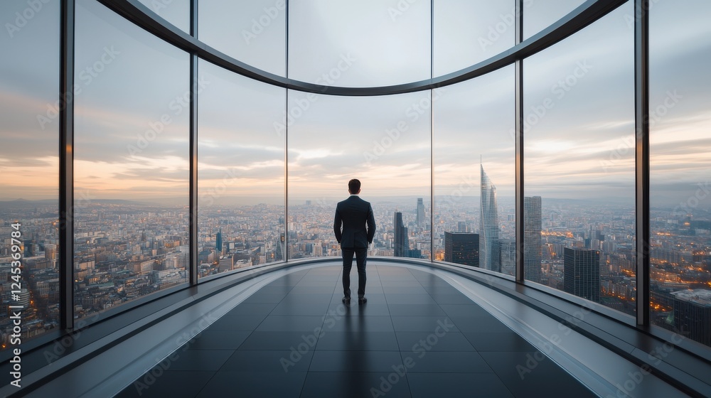 Fototapeta premium A silhouette of a businessman standing alone in a modern high-rise building, gazing out at the city skyline during sunset, embodying ambition and solitude.