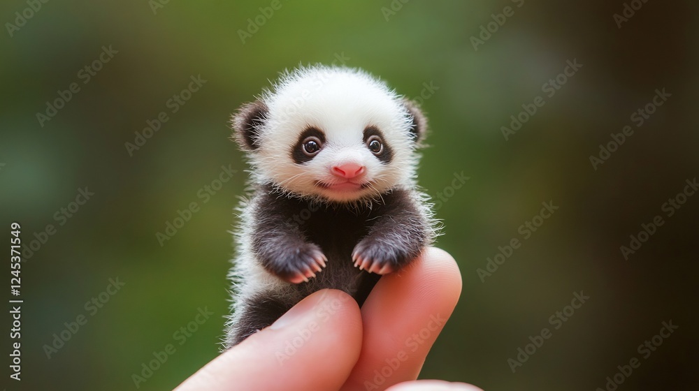 Obraz premium Adorable Baby Panda Cub in Hand, Wildlife Photography