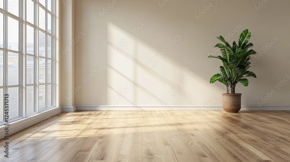 An empty room with white paneling walls, wooden flooring, and a big window that exudes a seen, Bright and Airy Empty Room with Large Windows An empty room with white paneling walls, wooden flooring, and a big window that exudes a seen, Bright and Airy Empty Room with Large Windows