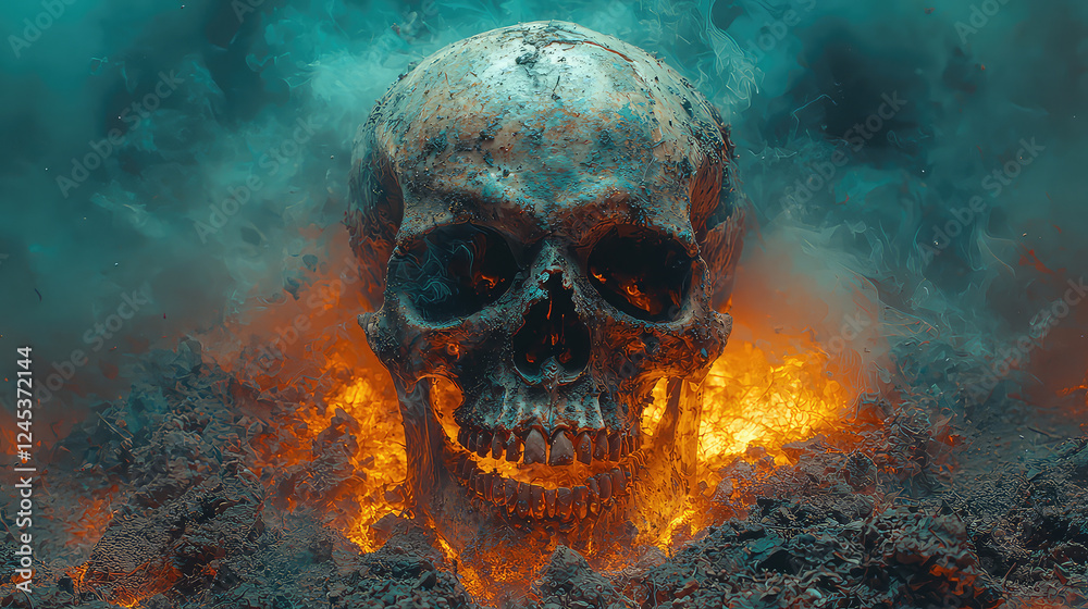 A human skull emerges from fiery embers and smoke, creating a dramatic, surreal scene. A human skull emerges from fiery embers and smoke, creating a dramatic, surreal scene.