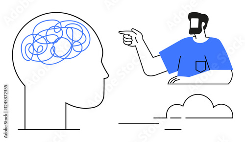 Male figure pointing to a head filled with tangled lines, representing thought complexity. Ideal for mental health, communication, guidance, counseling, problem-solving, psychological awareness