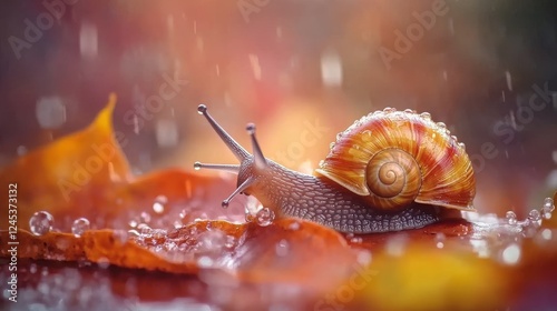 3.A detailed macro shot of a small snail with a glossy yellow-brown shell moving slowly on a dew-drenched leaf, the blurred background showcasing a fresh and rainy spring environment.