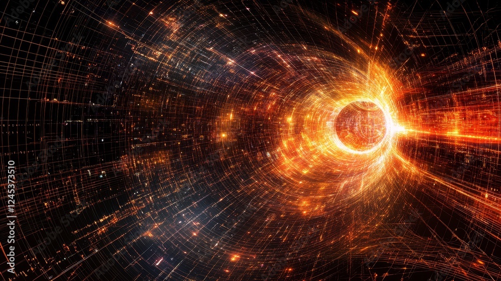 Obraz premium Futuristic light vortex with abstract glowing patterns and digital grids
