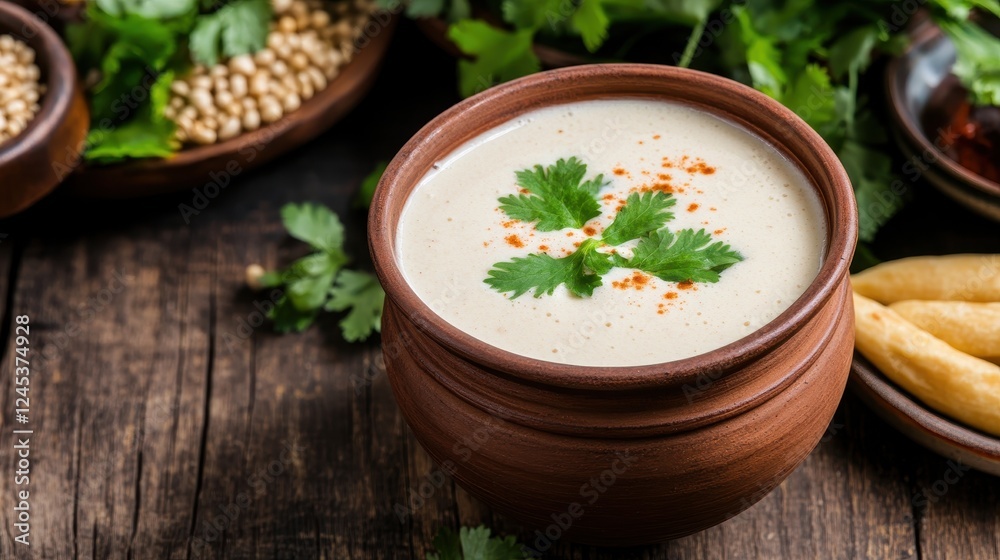 Traditional Clay Mug Filled with Frothy Lassi and Fresh Garnish Traditional Clay Mug Filled with Frothy Lassi and Fresh Garnish