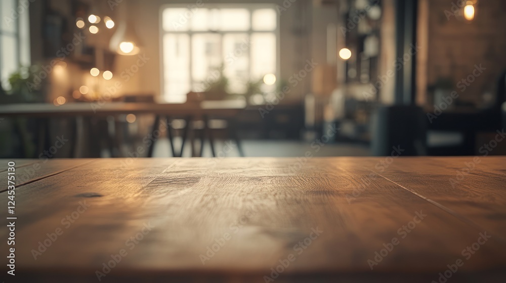 Warm Wooden Table in a Blurred Cozy Cafe Interior Warm Wooden Table in a Blurred Cozy Cafe Interior