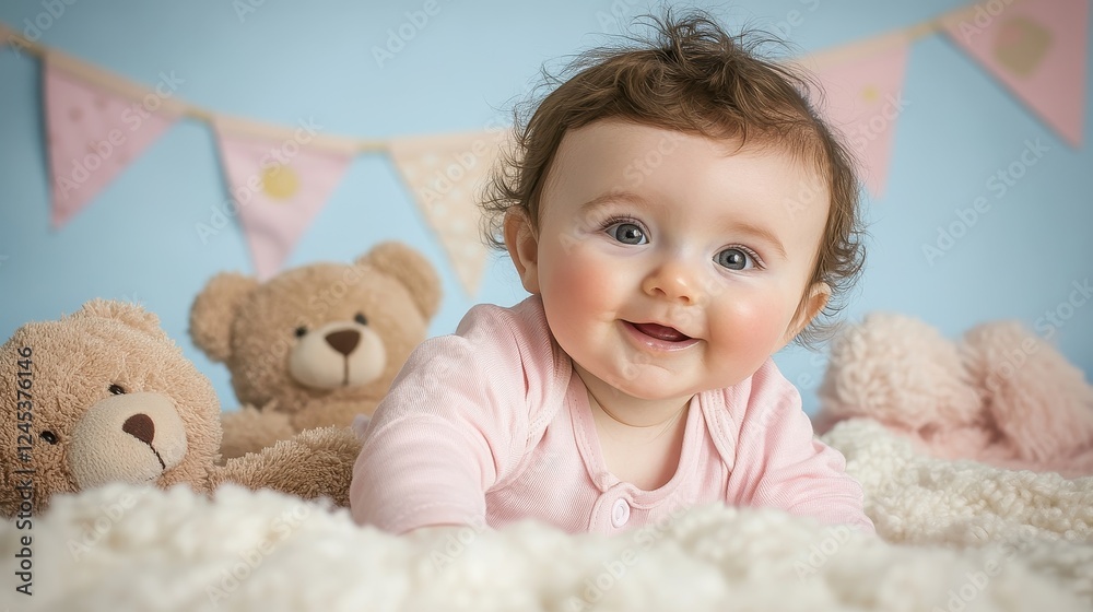 Joyful Baby Surrounded Adorable Teddy Bears Cozy Setting Joyful Baby Surrounded Adorable Teddy Bears Cozy Setting