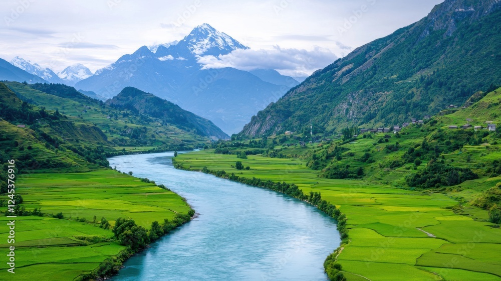 Peaceful riverside village nestled among majestic mountains with a winding river lush green meadows and a tranquil picturesque pastoral landscape