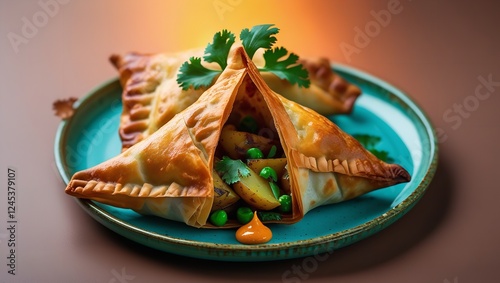 A Crispy Golden-Brown Samosa Freshly Fried. photo