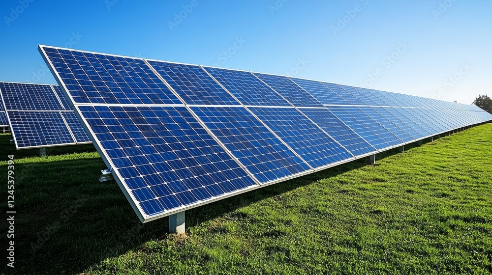 Solar panels installed on green field capturing sunlight for renewable energy Solar panels installed on green field capturing sunlight for renewable energy