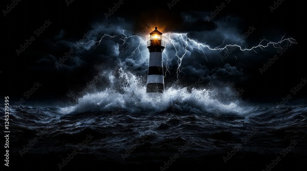 Fototapeta premium Lighthouse in Storm: A solitary lighthouse bravely stands against a raging storm, its beacon a symbol of hope and guidance amidst the tempestuous waves and crashing lightning.