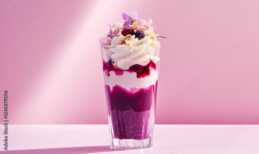 Layered sweet dessert in a glass with yogurt, chia seeds, blueberry mousse and cream, decorated with fresh berries and edible flowers, vivid minimalistic background with copy space, AI generated photo Layered sweet dessert in a glass with yogurt, chia seeds, blueberry mousse and cream, decorated with fresh berries and edible flowers, vivid minimalistic background with copy space, AI generated photo