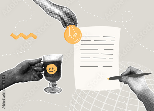 Trendy halftone collage. Concept of article writing, online work, freelancing,idea for article, work remotely with a mug of coffee. Hand with a pencil writing an article, working remotely with a mug