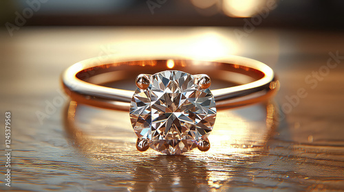 Sparkling solitaire diamond ring on rose gold band, showcased on wooden surface with warm lighting.