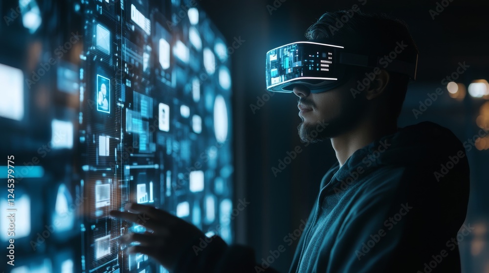 60.A modern office worker wearing augmented reality glasses, navigating through a 3D interface of digital file icons, each icon casting a soft light in a futuristic setting. 60.A modern office worker wearing augmented reality glasses, navigating through a 3D interface of digital file icons, each icon casting a soft light in a futuristic setting.