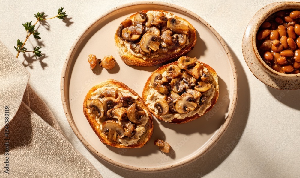 Bruschetta with creamy mushroom pâté and roasted mushrooms on rustic bread, served on a ceramic plate. A healthy protein-rich plant-based snack. AI generated photo.