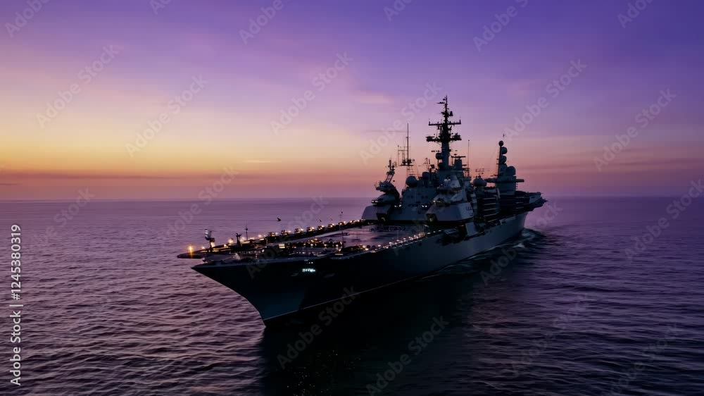 A Sleek Aircraft Carrier Gliding Through Tranquil Waters Under Golden and Purple Dusk Skies