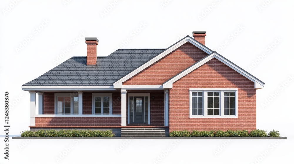 70.A 3D illustration of a suburban-style home with a sloping roof, red brick walls, and a small front porch, presented in crisp detail on a plain white background. 70.A 3D illustration of a suburban-style home with a sloping roof, red brick walls, and a small front porch, presented in crisp detail on a plain white background.
