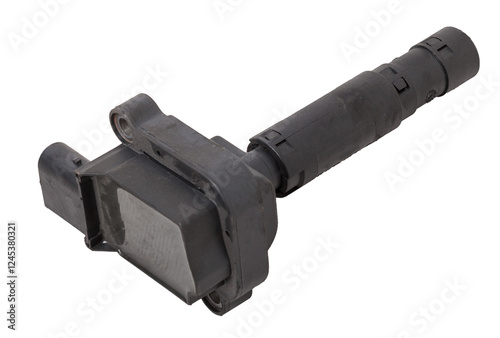 Black ignition coil for engine, isolated on white background. Spare parts for vehicle repair in garage.
