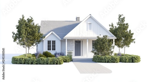 72.A 3D house model depicting a cozy single-story home with a gabled roof, white siding, and detailed landscaping elements like shrubs and a walkway, against a white background. photo