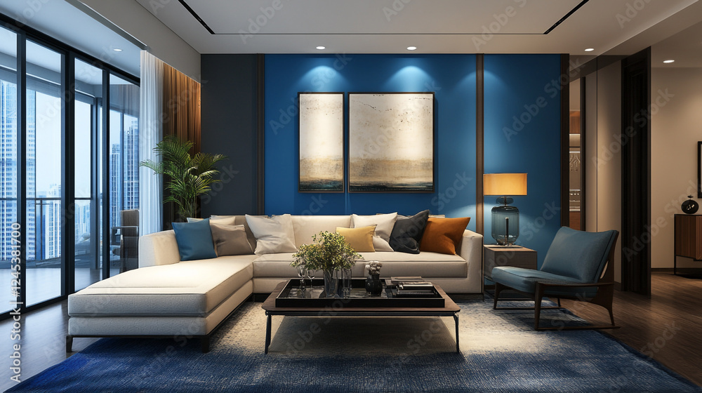 Fototapeta premium Large blue living room with an antique feel, Modern interior design of living room. Blue sofa, and wooden coffee tables over blue wall with copy space